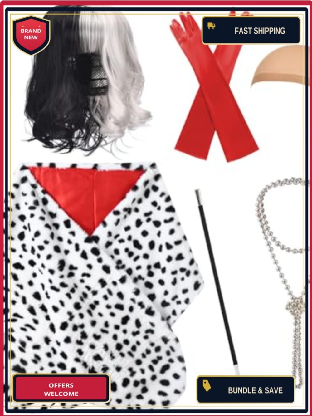 Dalmatian Coat Shawl Wig Glove Halloween Costume Set One Size